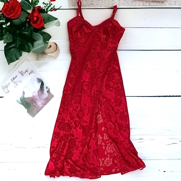 Victoria's Secret Other - Victoria’s Secred Red Satin Lace Burnout Floral Rose Slit Slip Dress L vintage
